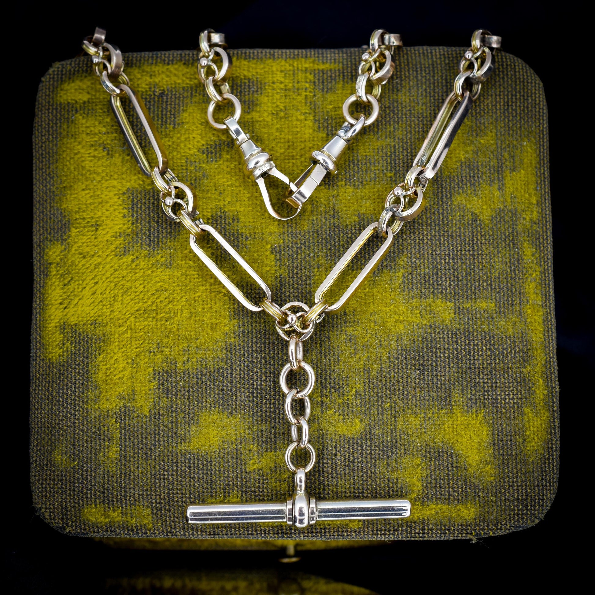 Antique 20.75" 9ct Gold Fancy Trombone Link Chain Necklace with Dog clips and T-bar