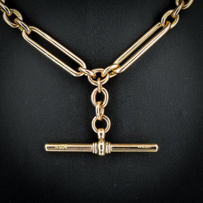 Antique 9ct Gold Trombone Link Chain Necklace with Dog Clips and T-bar | 15"