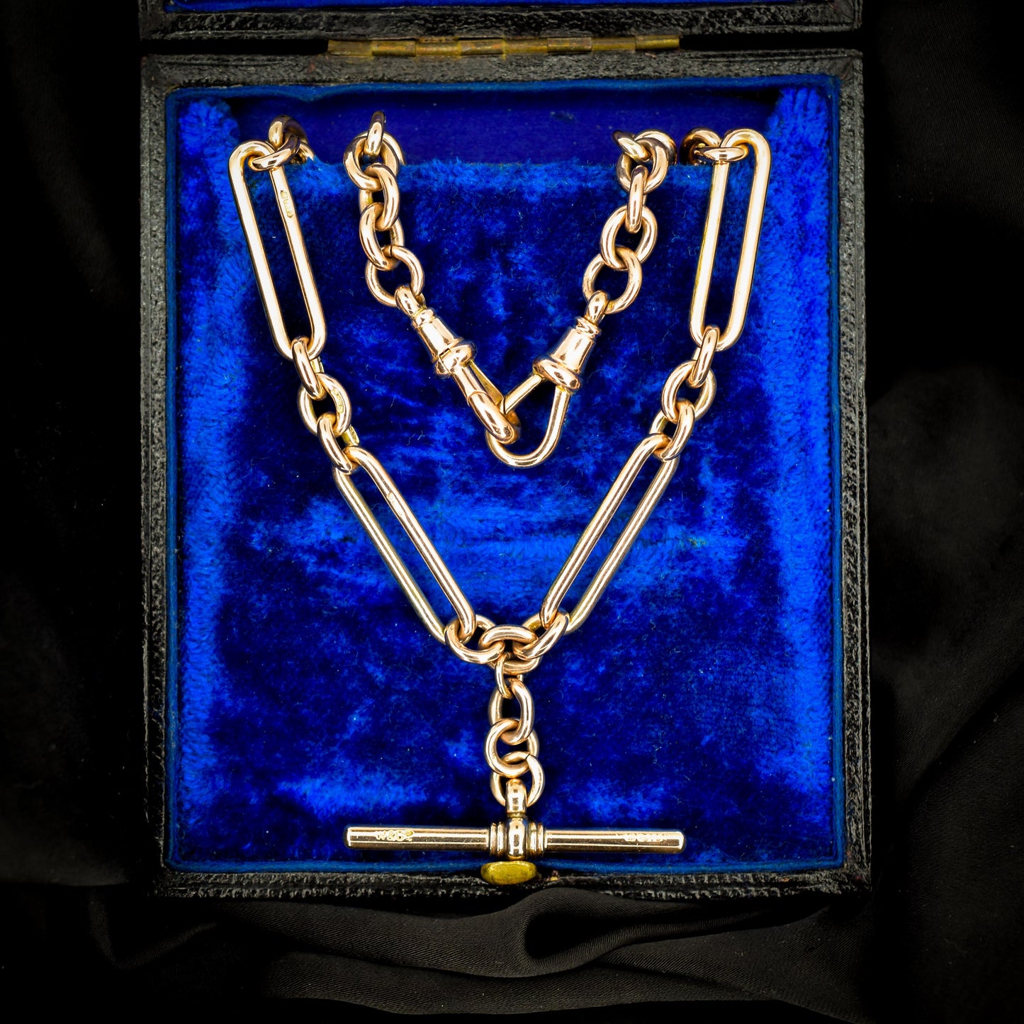 Antique 9ct Gold Trombone Link Chain Necklace with Dog Clips and T-bar | 15"