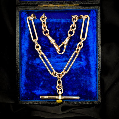 Antique 9ct Gold Trombone Link Chain Necklace with Dog Clips and T-bar | 15"