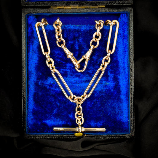 Antique 9ct Gold Trombone Link Chain Necklace with Dog Clips and T-bar | 15"