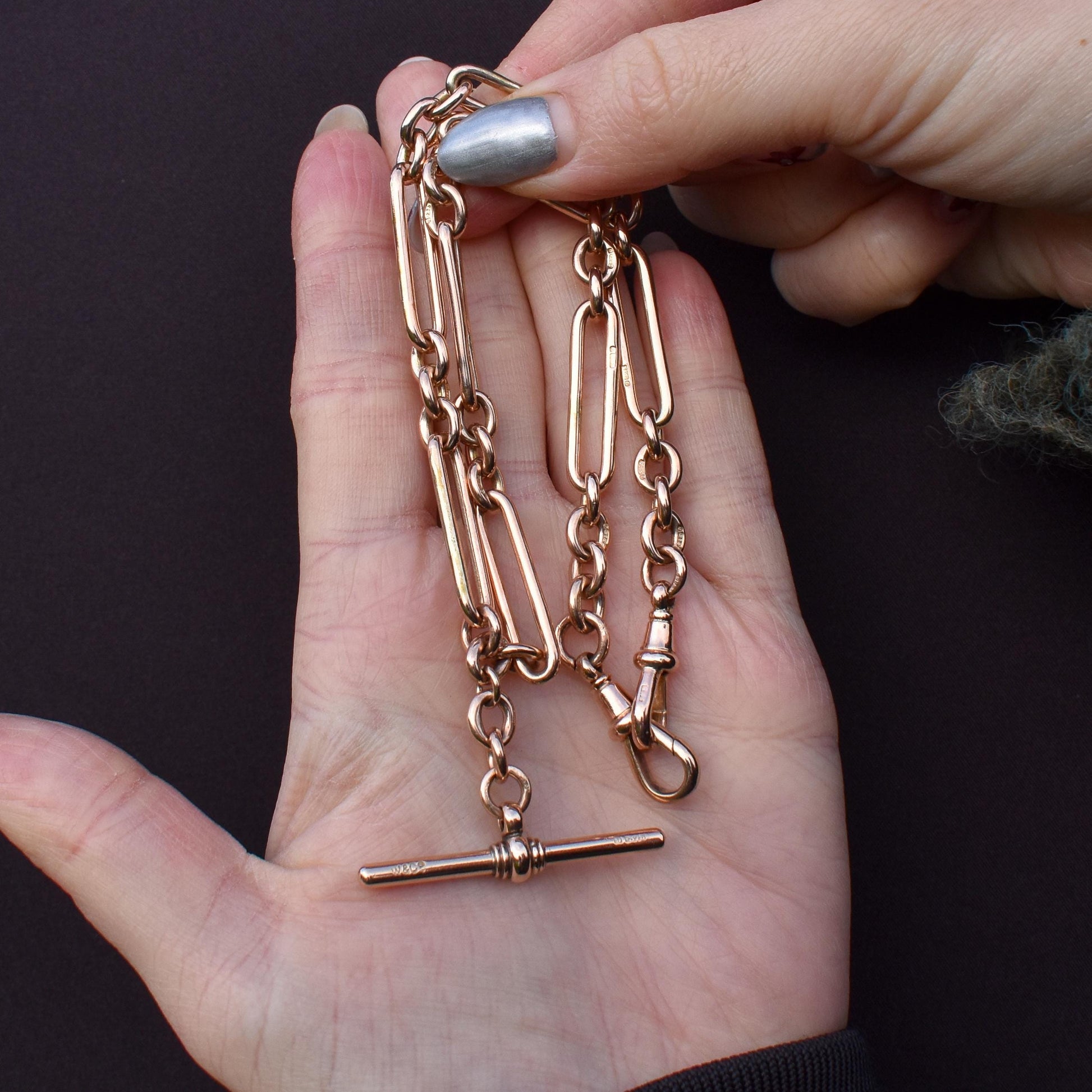 Antique 9ct Gold Trombone Link Chain Necklace with Dog Clips and T-bar | 15"