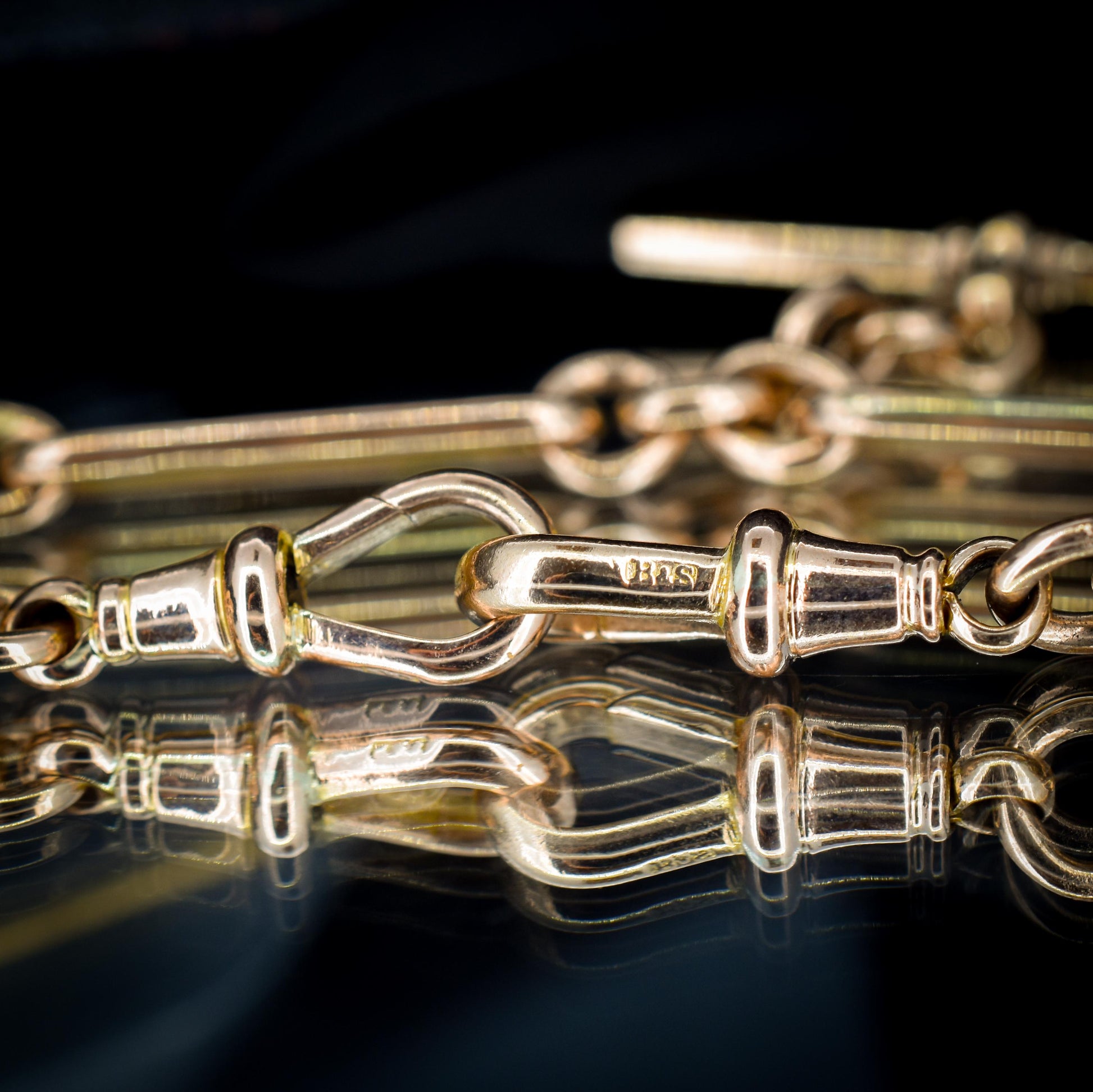 Antique 9ct Gold Trombone Link Chain Necklace with Dog Clips and T-bar | 15"