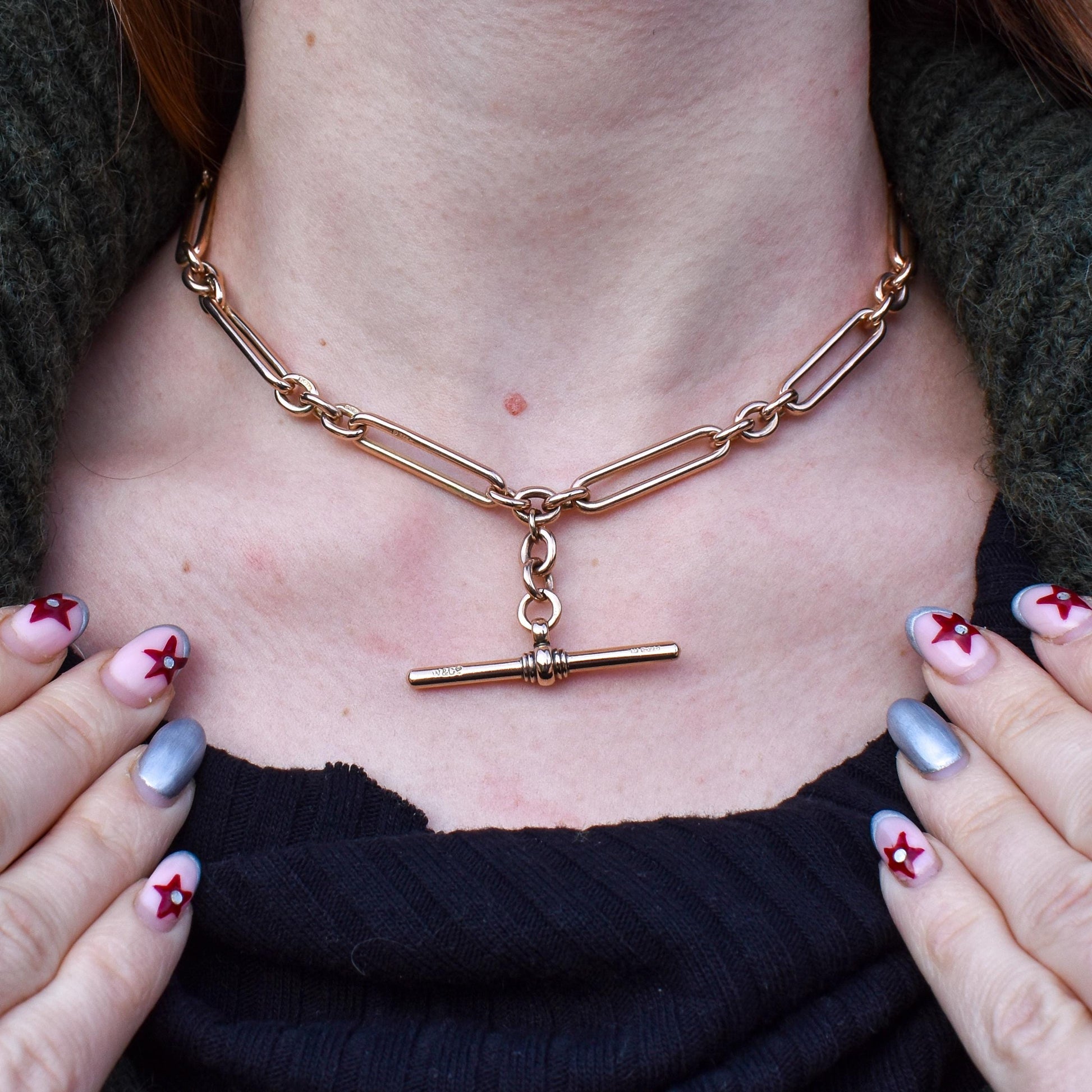 Antique 9ct Gold Trombone Link Chain Necklace with Dog Clips and T-bar | 15"