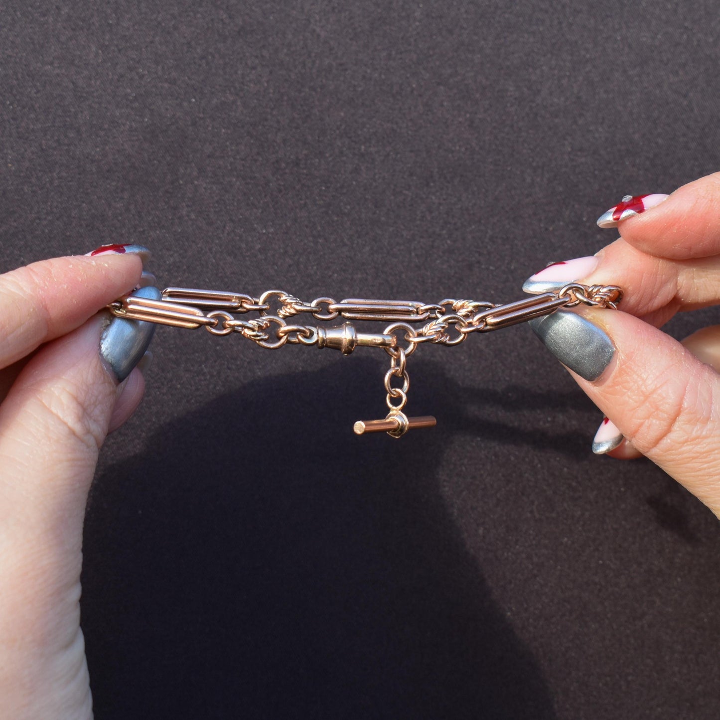 Vintage 9ct Rose Gold Trombone Knot Link Bracelet with Dog Clip and T-bar | 8"