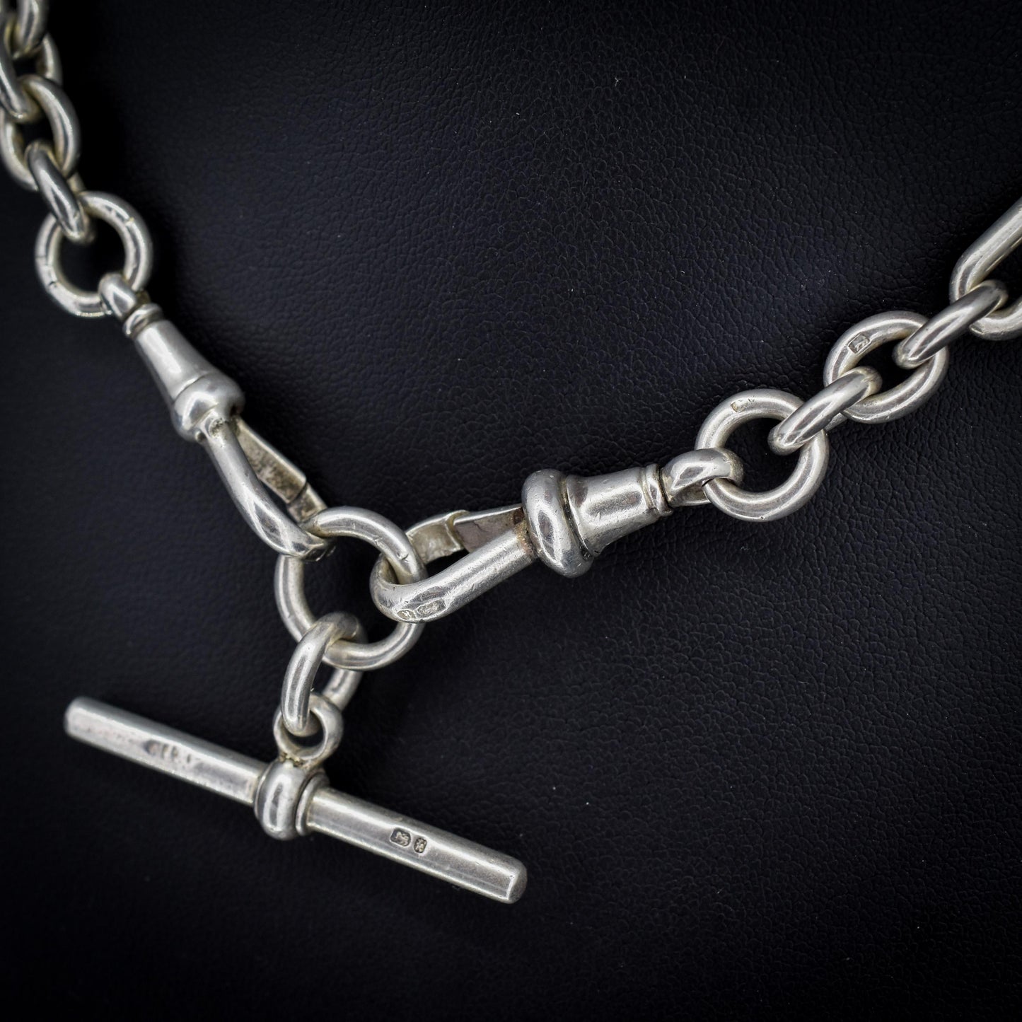Antique Sterling Silver Trombone Watch Chain with Dog Clips and Detachable T Bar | 15.25"