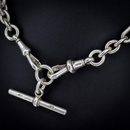 Antique Sterling Silver Trombone Watch Chain with Dog Clips and Detachable T Bar | 15.25"
