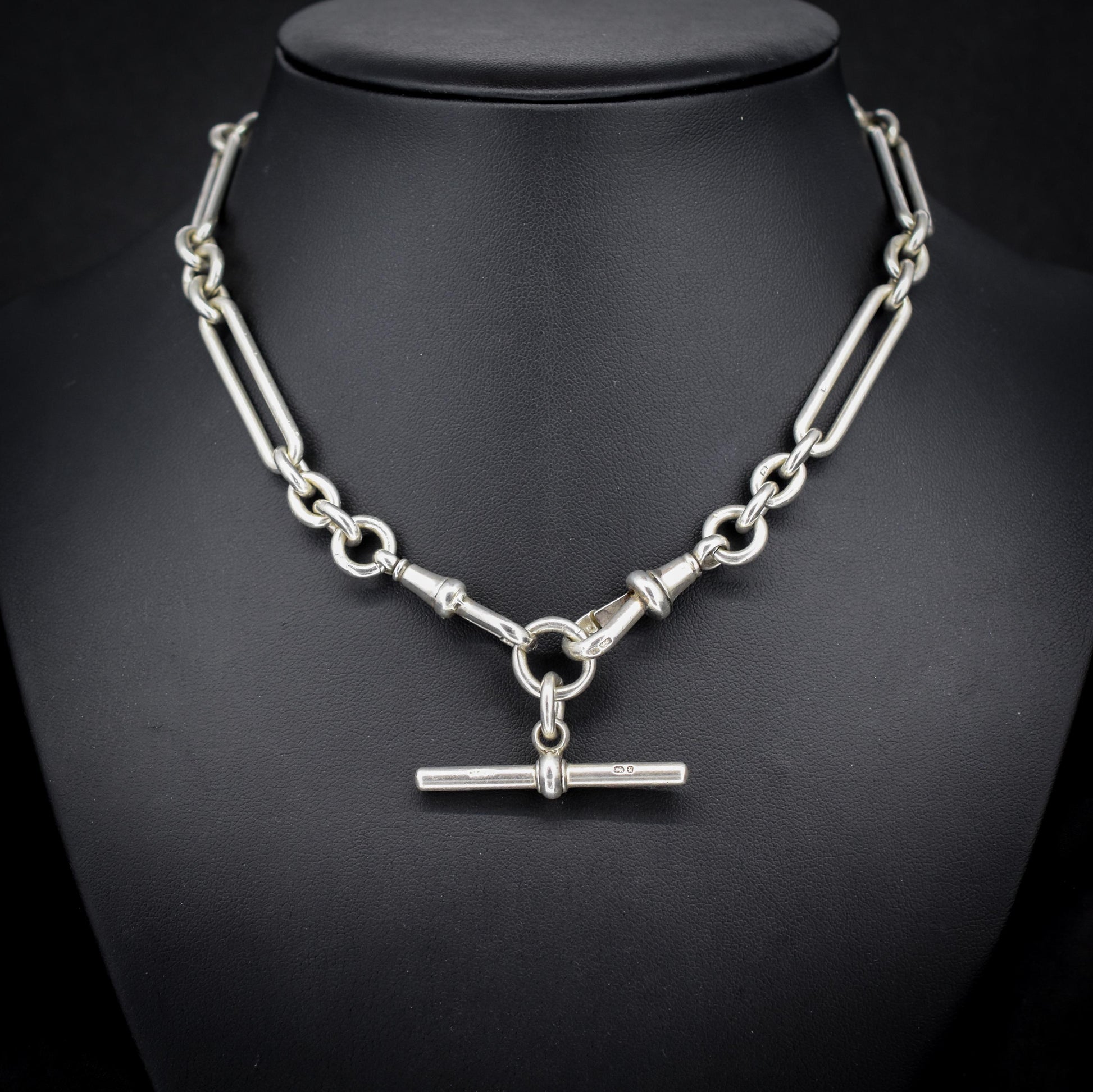 Antique Sterling Silver Trombone Watch Chain with Dog Clips and Detachable T Bar | 15.25"