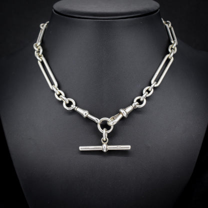 Antique Sterling Silver Trombone Watch Chain with Dog Clips and Detachable T Bar | 15.25"