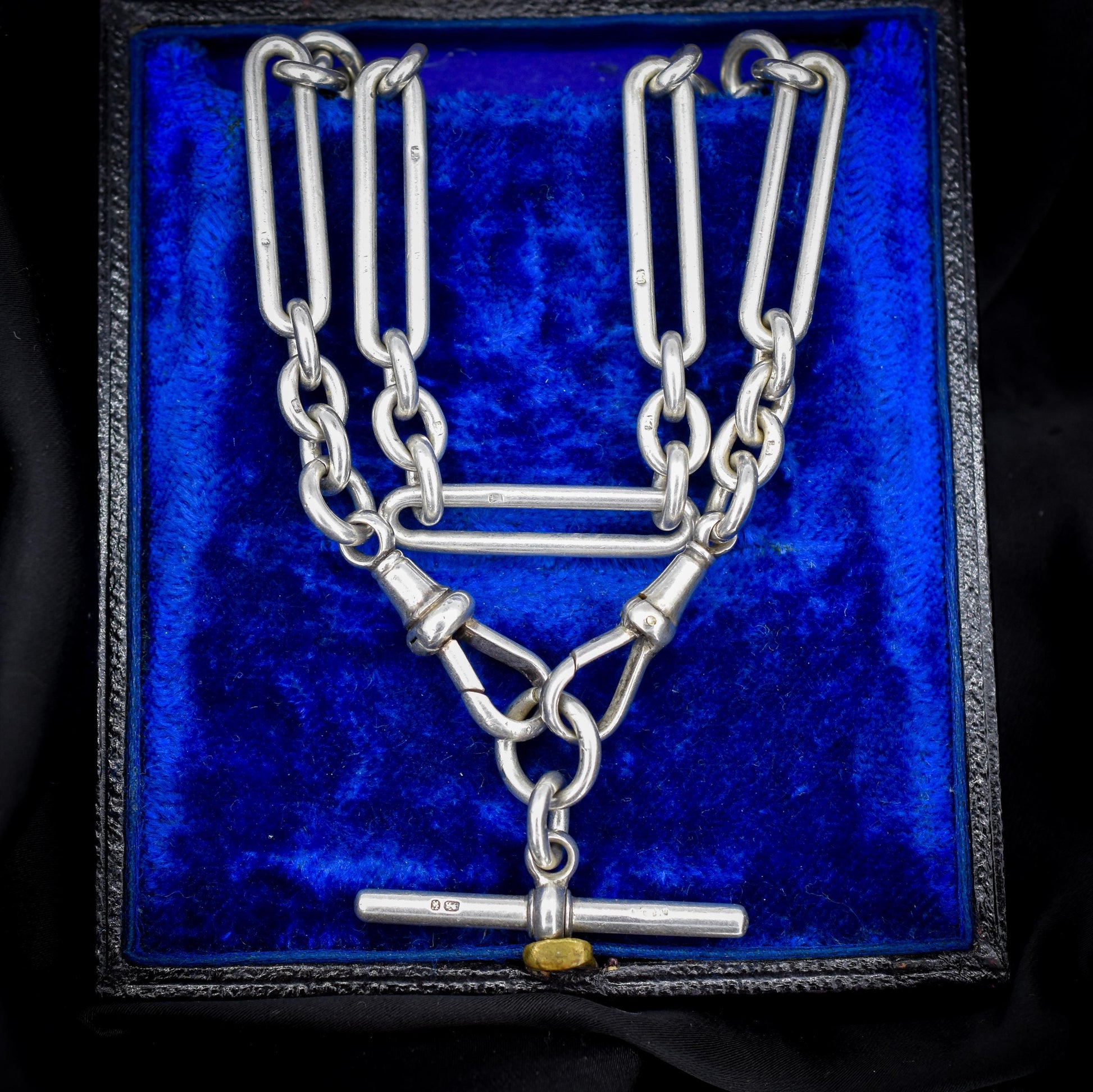 Antique Sterling Silver Trombone Watch Chain with Dog Clips and Detachable T Bar | 15.25"