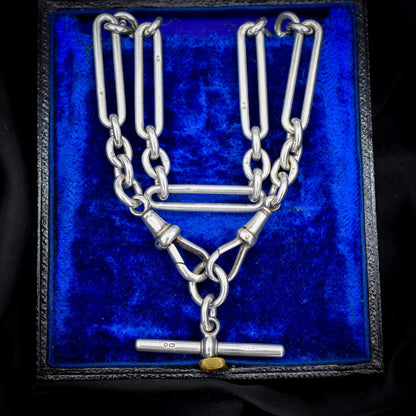 Antique Sterling Silver Trombone Watch Chain with Dog Clips and Detachable T Bar | 15.25"