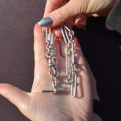 Antique Sterling Silver Trombone Watch Chain with Dog Clips and Detachable T Bar | 15.25"