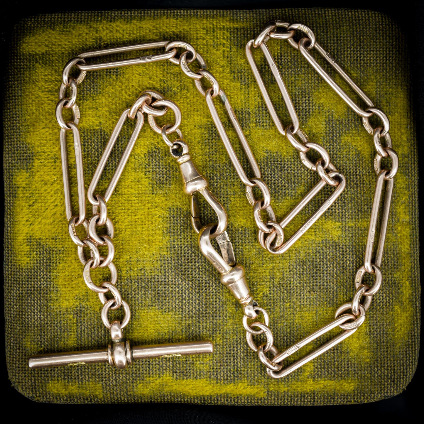 Antique '1899' 9ct Gold Trombone Link Chain Necklace with Dog Clip and T-bar 15.25"