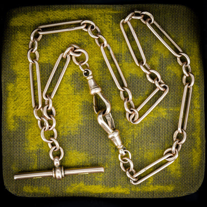 Antique '1899' 9ct Gold Trombone Link Chain Necklace with Dog Clip and T-bar 15.25"
