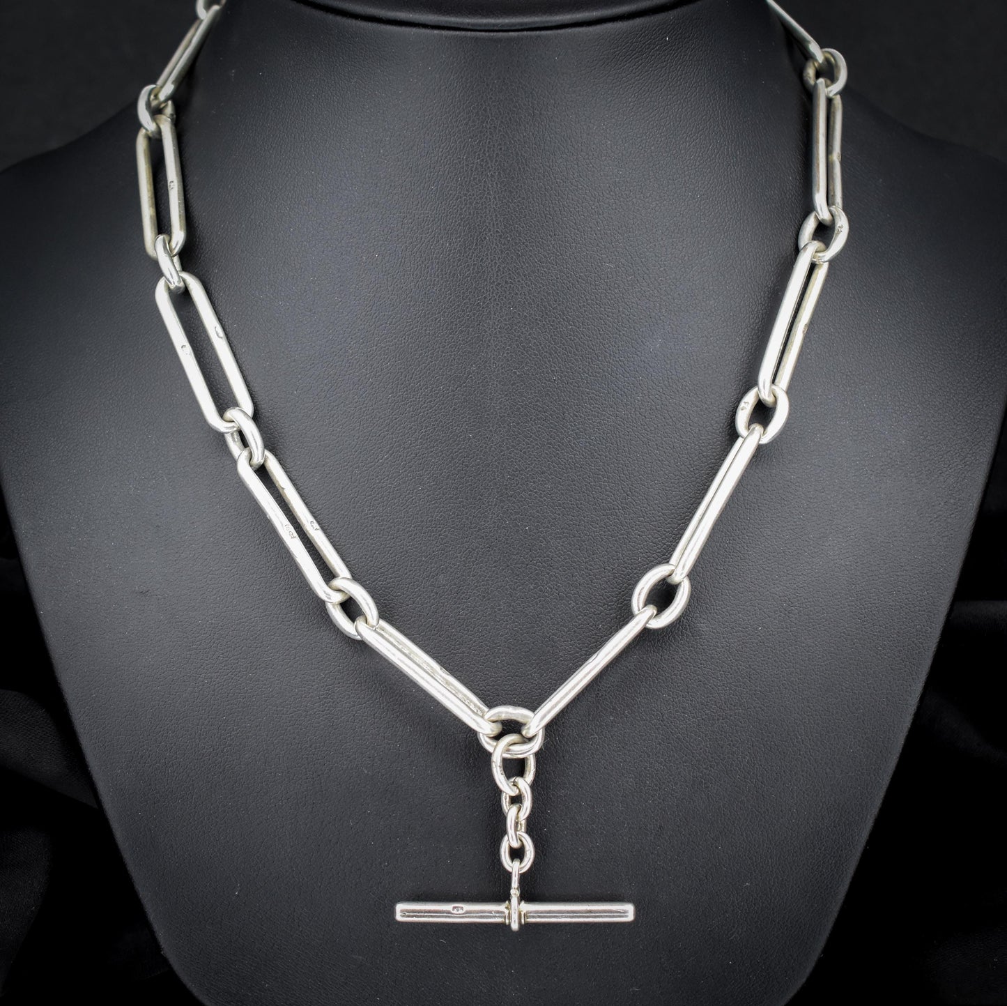 Antique Sterling Silver Trombone Watch Chain with Double Dog Clip and T Bar | 20"