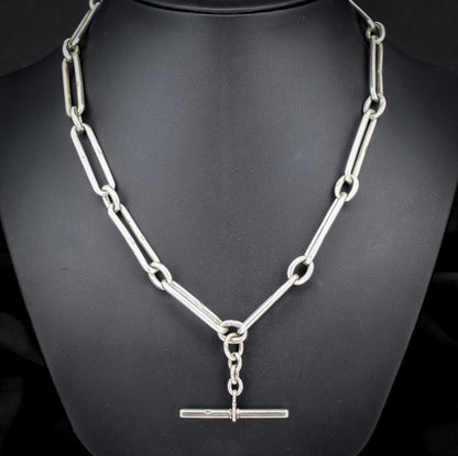 Antique Sterling Silver Trombone Watch Chain with Double Dog Clip and T Bar | 20"