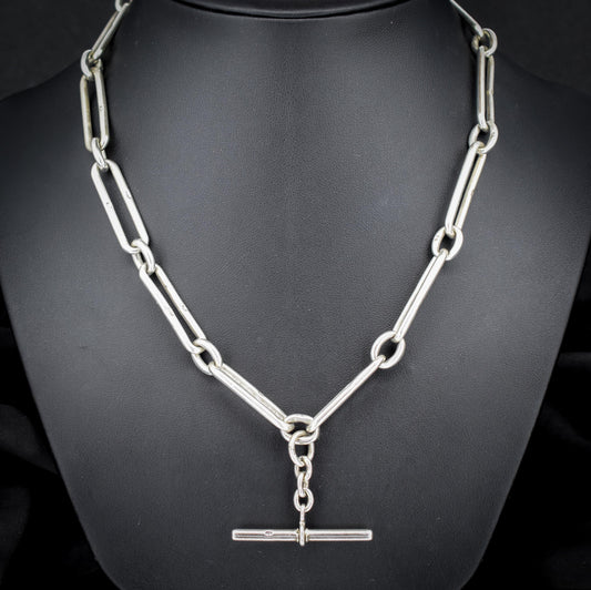 Antique Sterling Silver Trombone Watch Chain with Double Dog Clip and T Bar | 20"