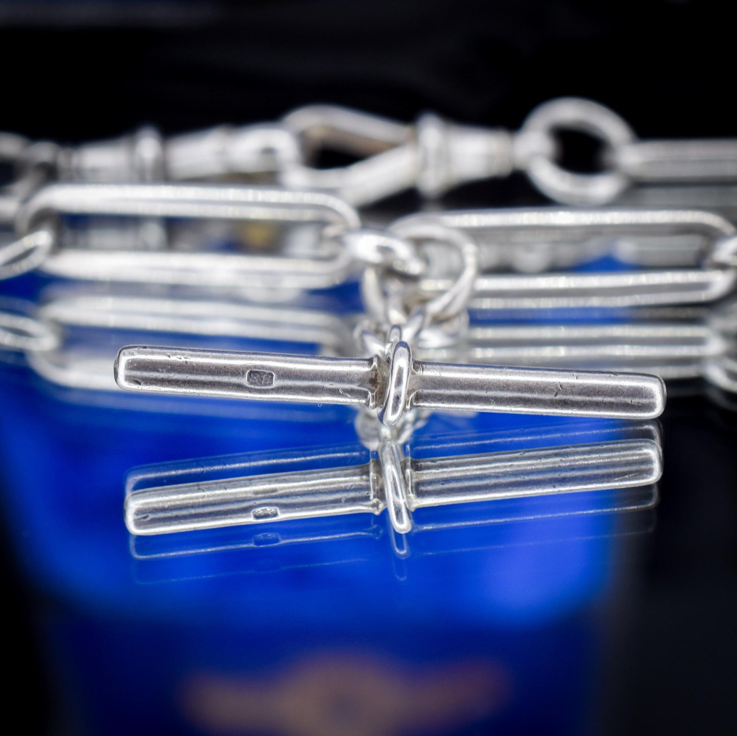 Antique Sterling Silver Trombone Watch Chain with Double Dog Clip and T Bar | 20"