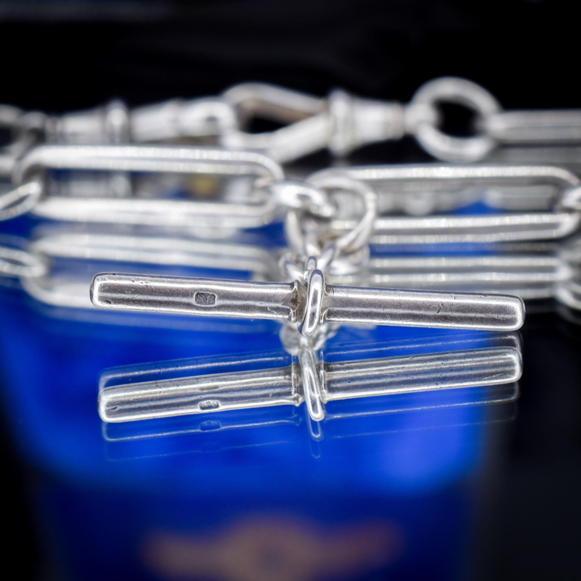 Antique Sterling Silver Trombone Watch Chain with Double Dog Clip and T Bar | 20"