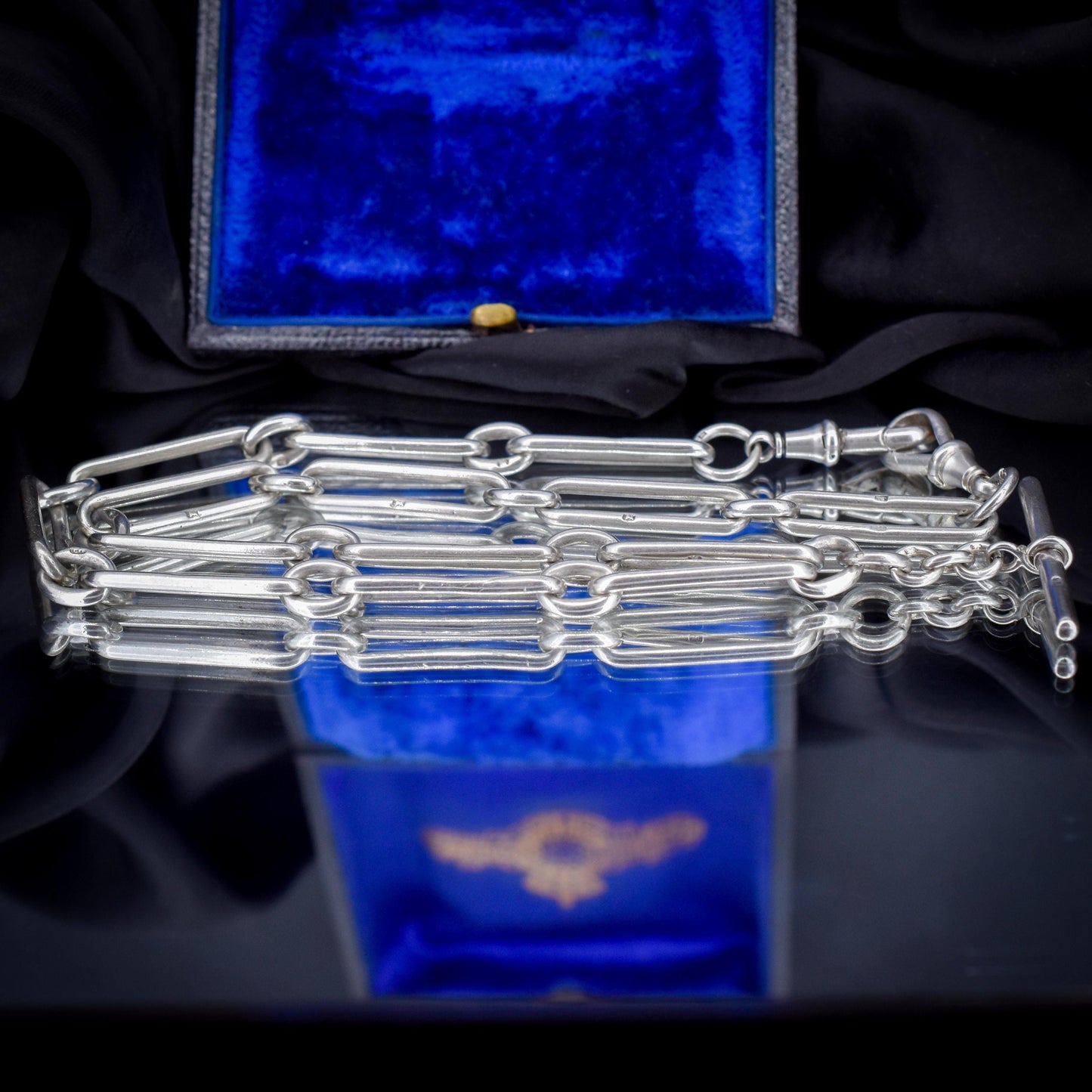 Antique Sterling Silver Trombone Watch Chain with Double Dog Clip and T Bar | 20"