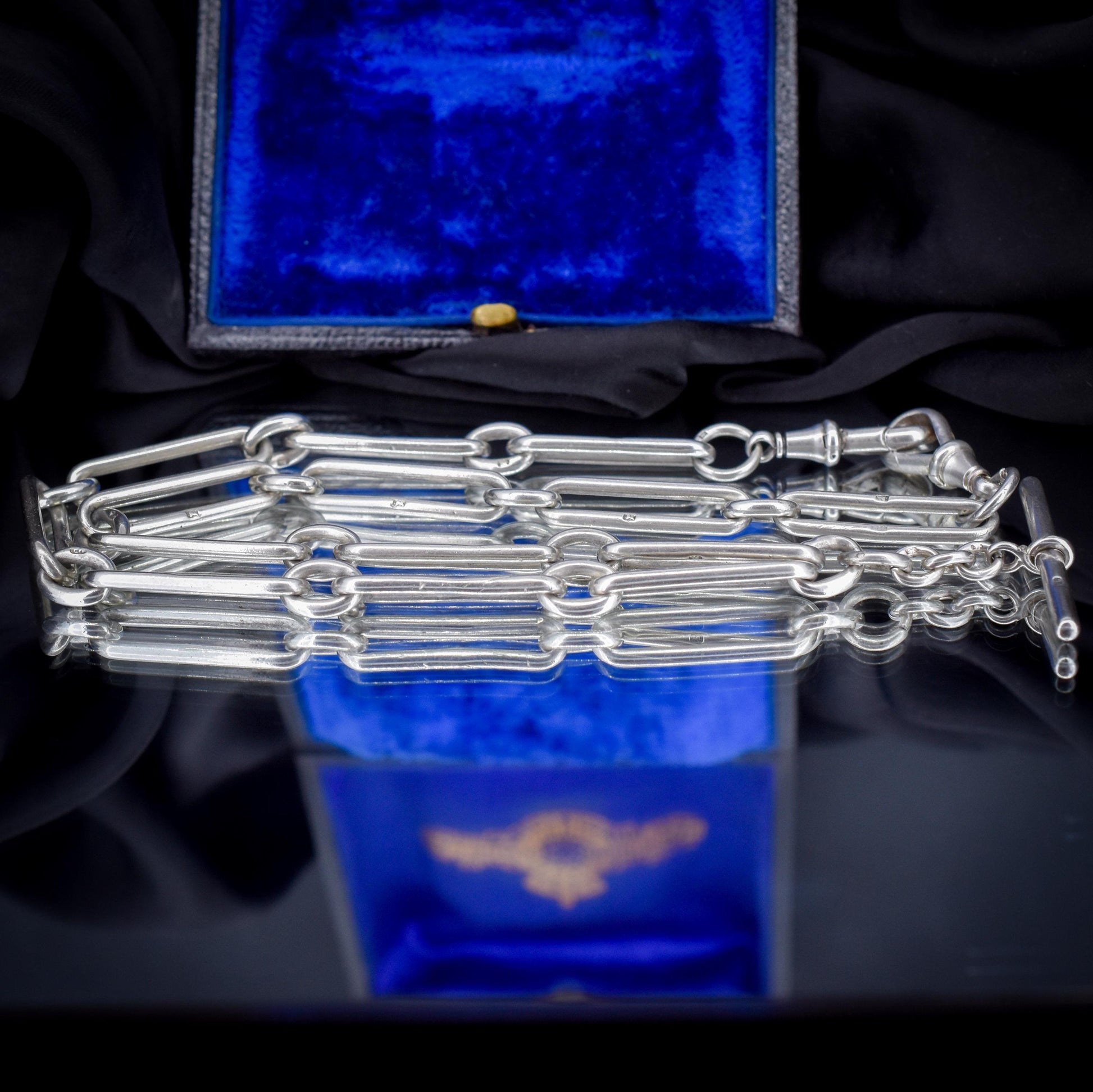 Antique Sterling Silver Trombone Watch Chain with Double Dog Clip and T Bar | 20"