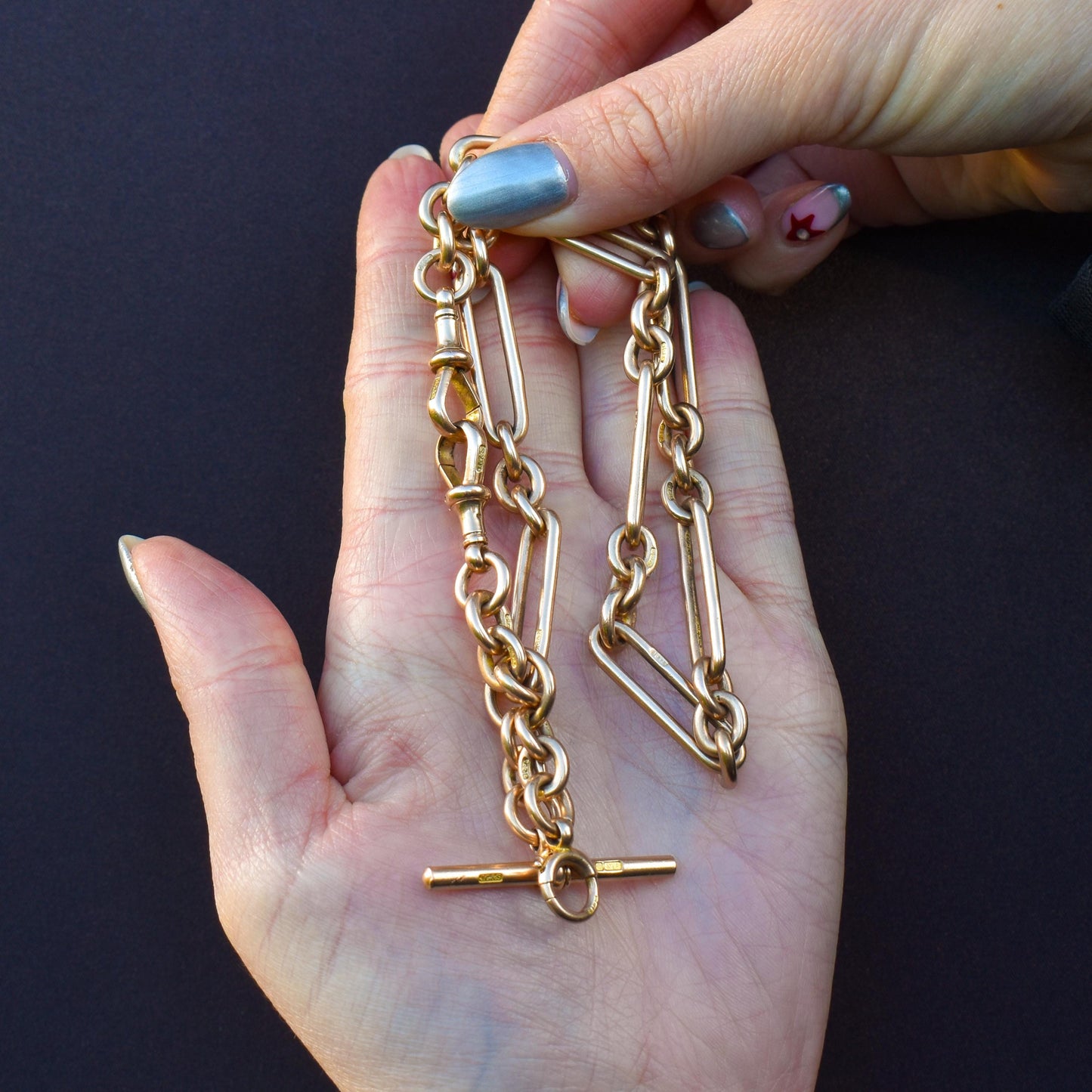 Antique '1909' 9ct Gold Trombone Link Albert Chain Necklace with Dog Clips | 15.5"