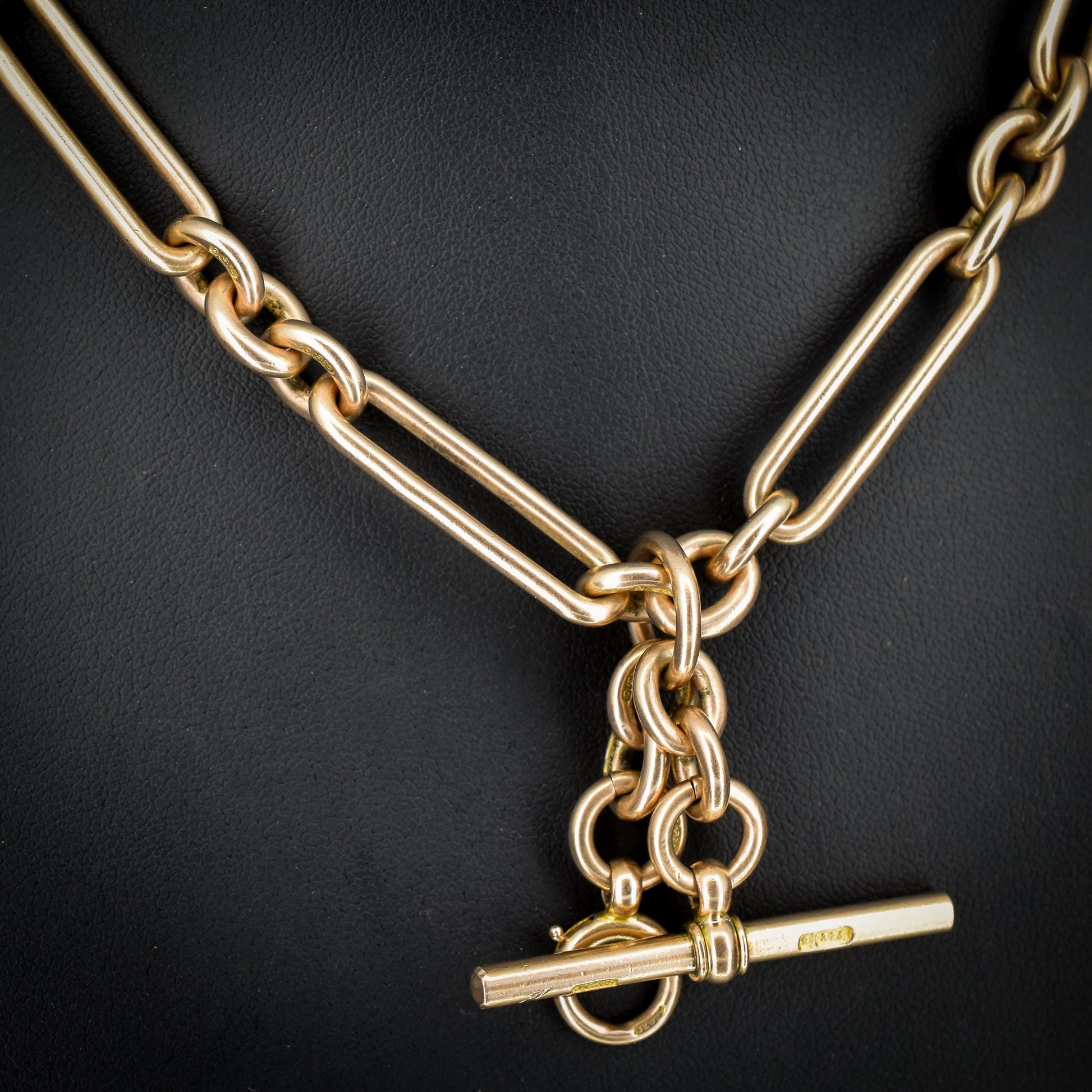 Antique '1909' 9ct Gold Trombone Link Albert Chain Necklace with Dog Clips | 15.5"