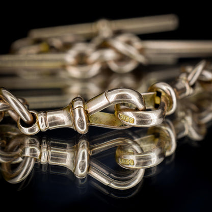 Antique '1909' 9ct Gold Trombone Link Albert Chain Necklace with Dog Clips | 15.5"