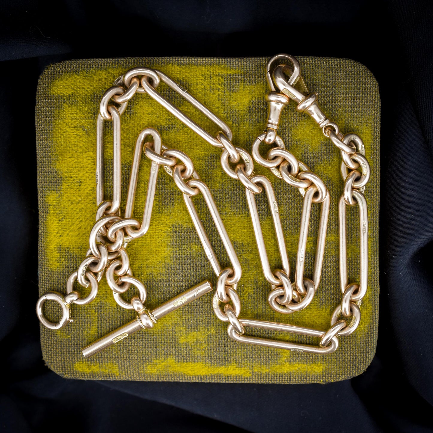 Antique '1909' 9ct Gold Trombone Link Albert Chain Necklace with Dog Clips | 15.5"