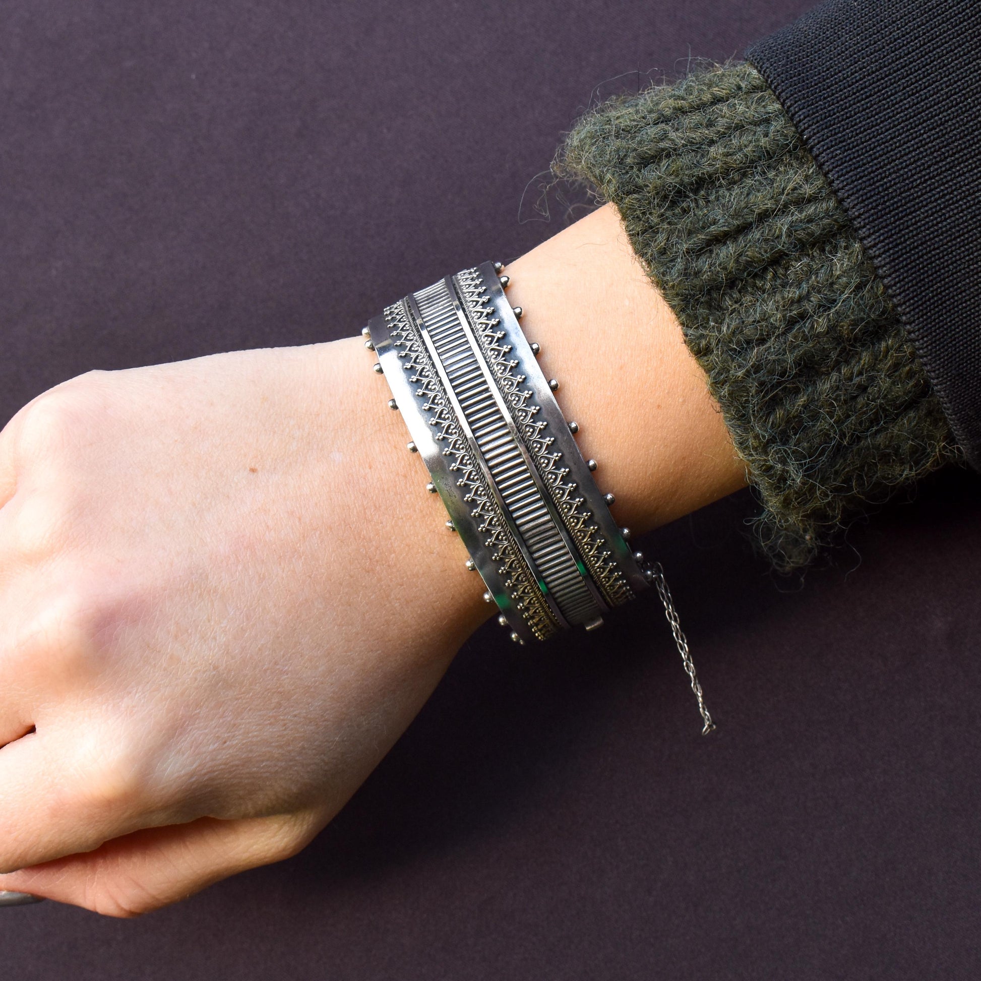 Antique Victorian Silver Aesthetic Movement Cuff Bangle Bracelet