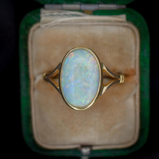 Antique Natural Opal Oval Solitaire 18ct Yellow Gold Ring