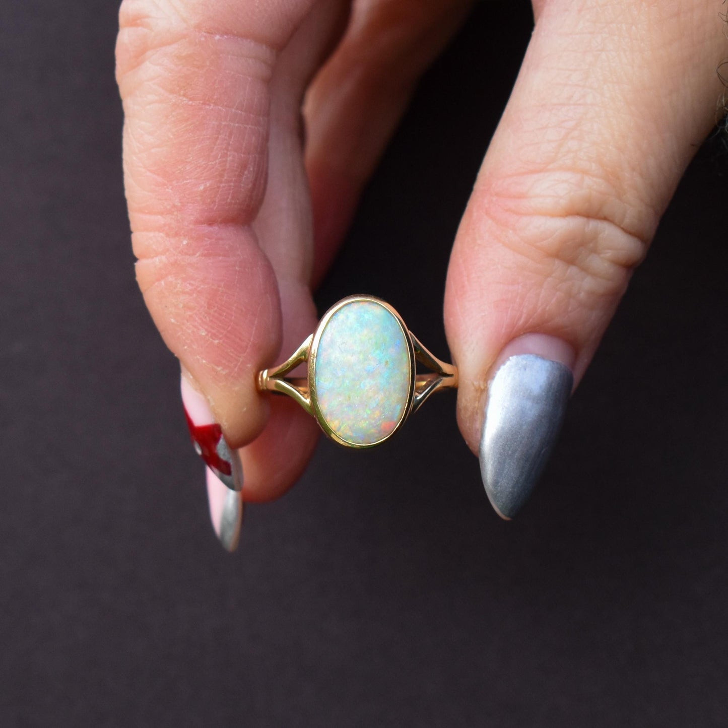 Antique Natural Opal Oval Solitaire 18ct Yellow Gold Ring