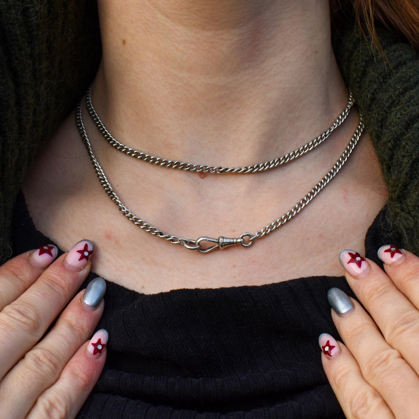 Antique Sterling Silver Curb Link Chain Necklace with Dog Clip – 31"