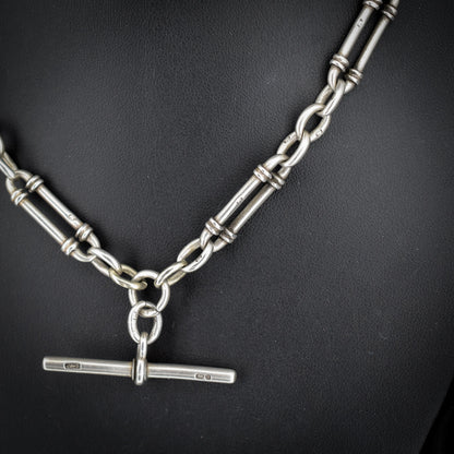 Antique Sterling Silver Trombone Watch Chain with Double Dog Clip and T Bar | 16"