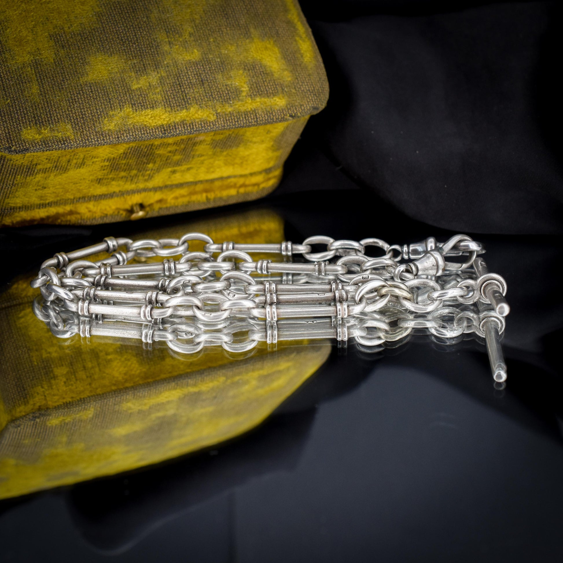 Antique Sterling Silver Trombone Watch Chain with Double Dog Clip and T Bar | 16"