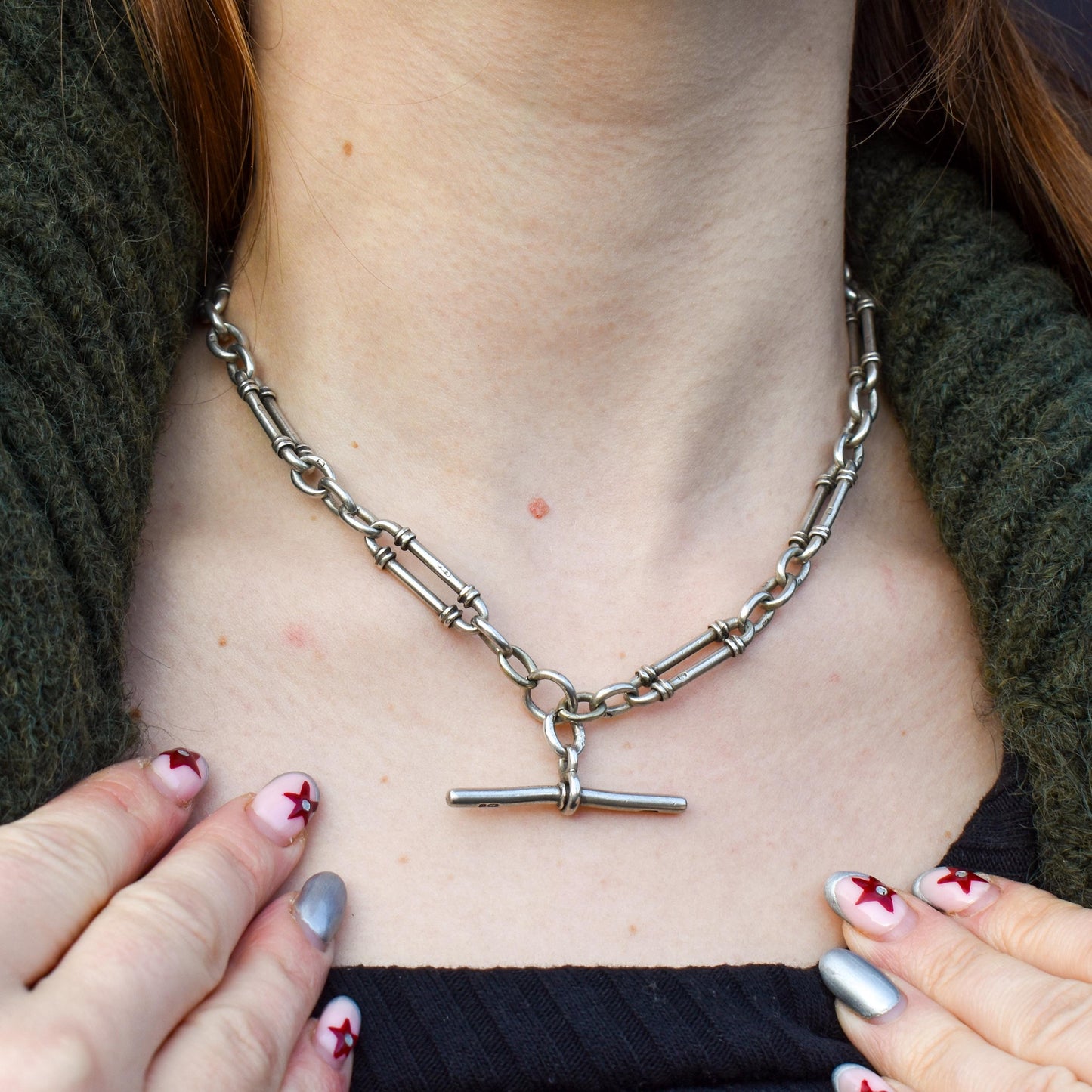 Antique Sterling Silver Trombone Watch Chain with Double Dog Clip and T Bar | 16"