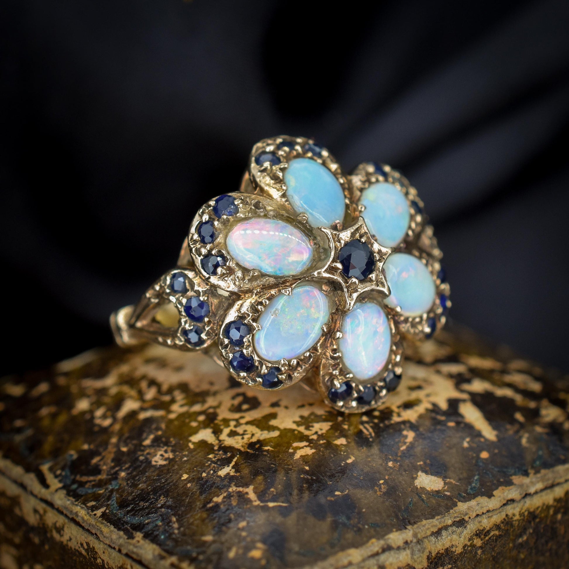 Vintage Opal and Blue Sapphire Flower 9ct Yellow Gold Ring | Dated 1972