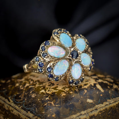 Vintage Opal and Blue Sapphire Flower 9ct Yellow Gold Ring | Dated 1972
