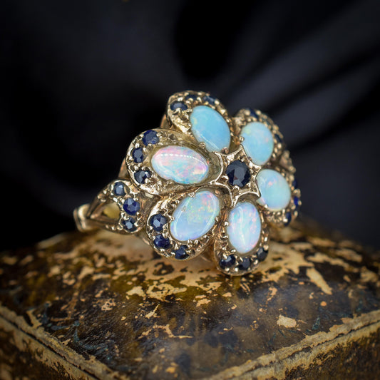 Vintage Opal and Blue Sapphire Flower 9ct Yellow Gold Ring | Dated 1972