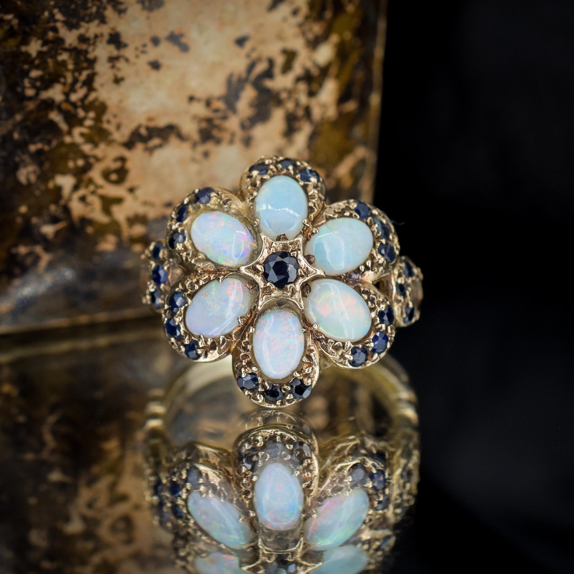 Vintage Opal and Blue Sapphire Flower 9ct Yellow Gold Ring | Dated 1972