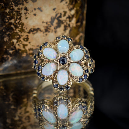 Vintage Opal and Blue Sapphire Flower 9ct Yellow Gold Ring | Dated 1972