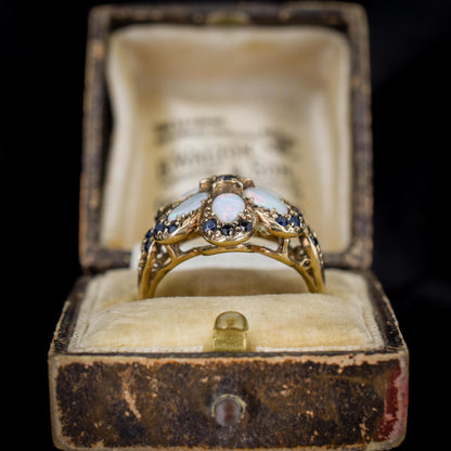 Vintage Opal and Blue Sapphire Flower 9ct Yellow Gold Ring | Dated 1972