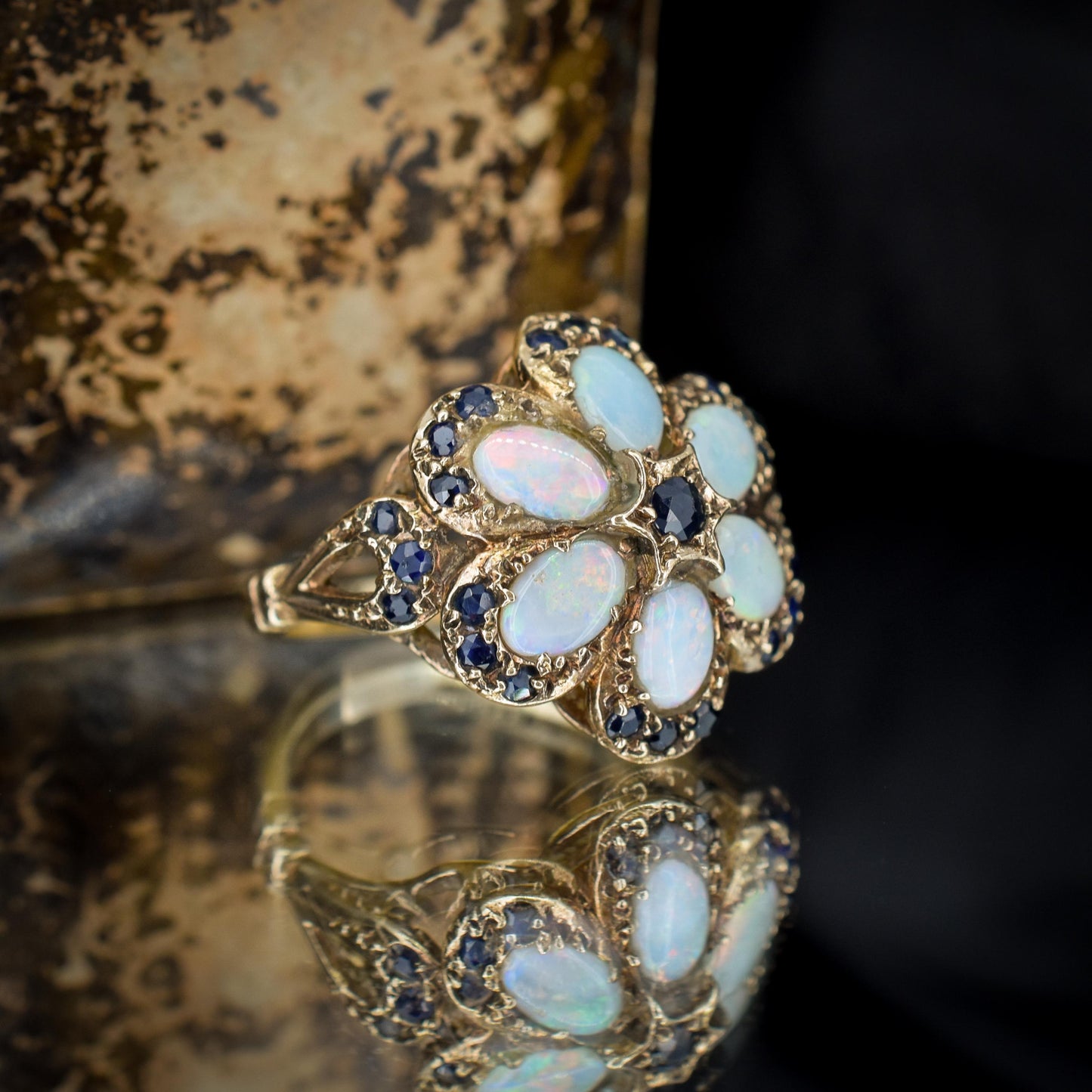 Vintage Opal and Blue Sapphire Flower 9ct Yellow Gold Ring | Dated 1972