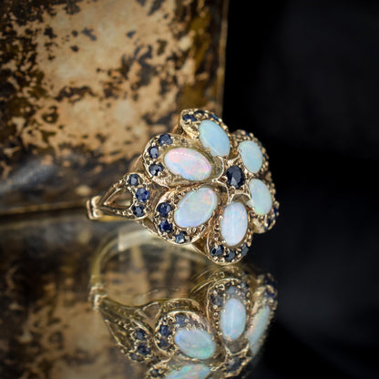 Vintage Opal and Blue Sapphire Flower 9ct Yellow Gold Ring | Dated 1972
