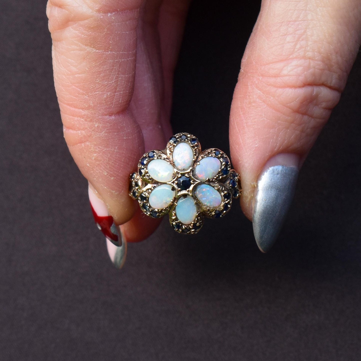 Vintage Opal and Blue Sapphire Flower 9ct Yellow Gold Ring | Dated 1972