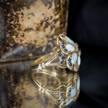 Vintage Opal and Blue Sapphire Flower 9ct Yellow Gold Ring | Dated 1972