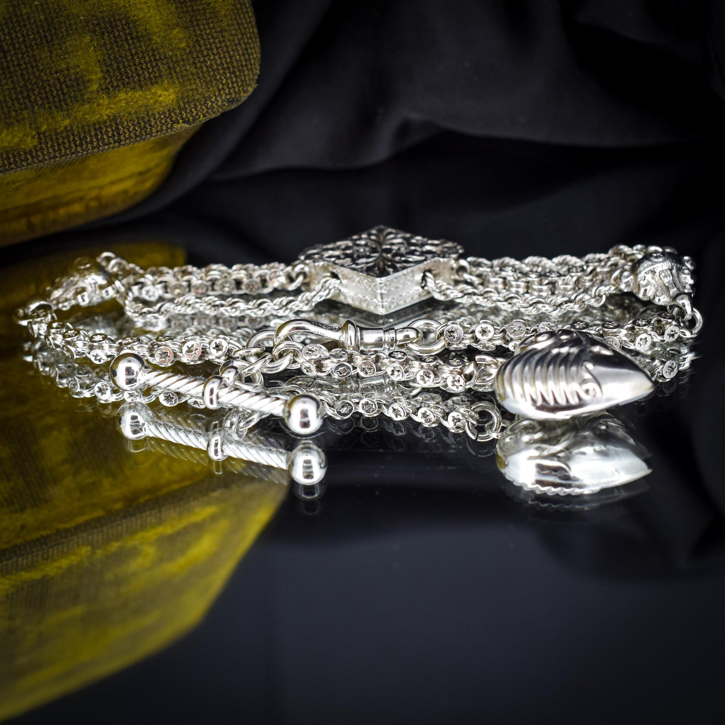 Antique Silver Multi-Strand Albertina Albert Chain Bracelet with Heart