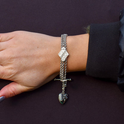 Antique Silver Multi-Strand Albertina Albert Chain Bracelet with Heart