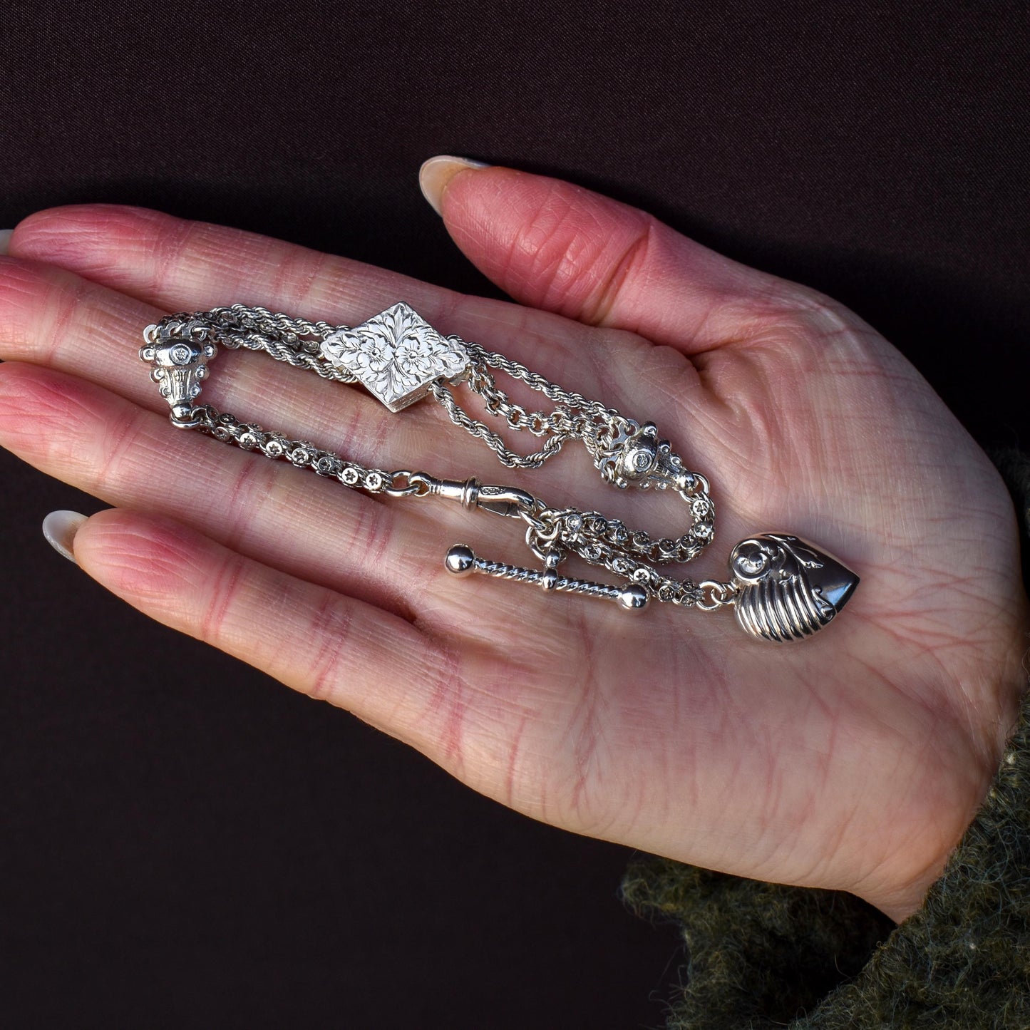 Antique Silver Multi-Strand Albertina Albert Chain Bracelet with Heart