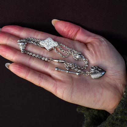 Antique Silver Multi-Strand Albertina Albert Chain Bracelet with Heart